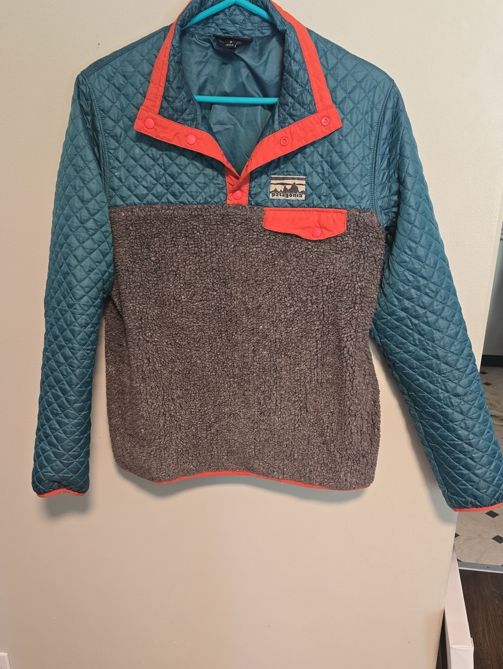 Patagonia Teal Jacket with Pink and Purple Logo Accents